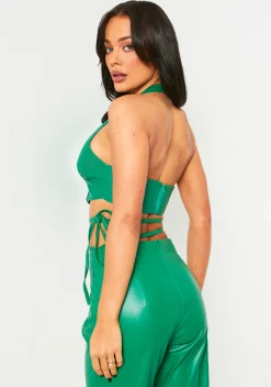 Romy Green Pu Cropped Corset Halterneck Top^Missy Empire Sale