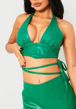 Romy Green Pu Cropped Corset Halterneck Top^Missy Empire Sale