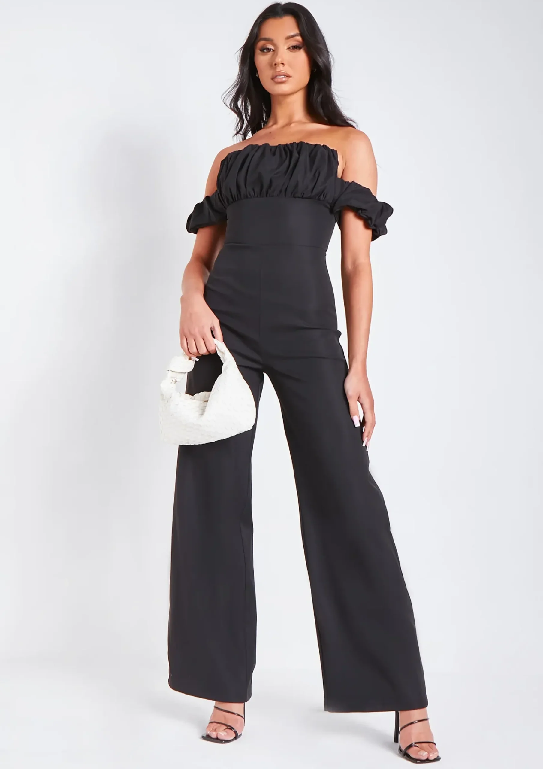 Flash Sale Rosalyn Black Bardot Ruffle Wide Leg Tailored Jumpsuit Women Jumpsuits & Playsuits