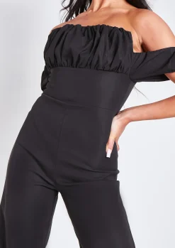 Flash Sale Rosalyn Black Bardot Ruffle Wide Leg Tailored Jumpsuit Women Jumpsuits & Playsuits