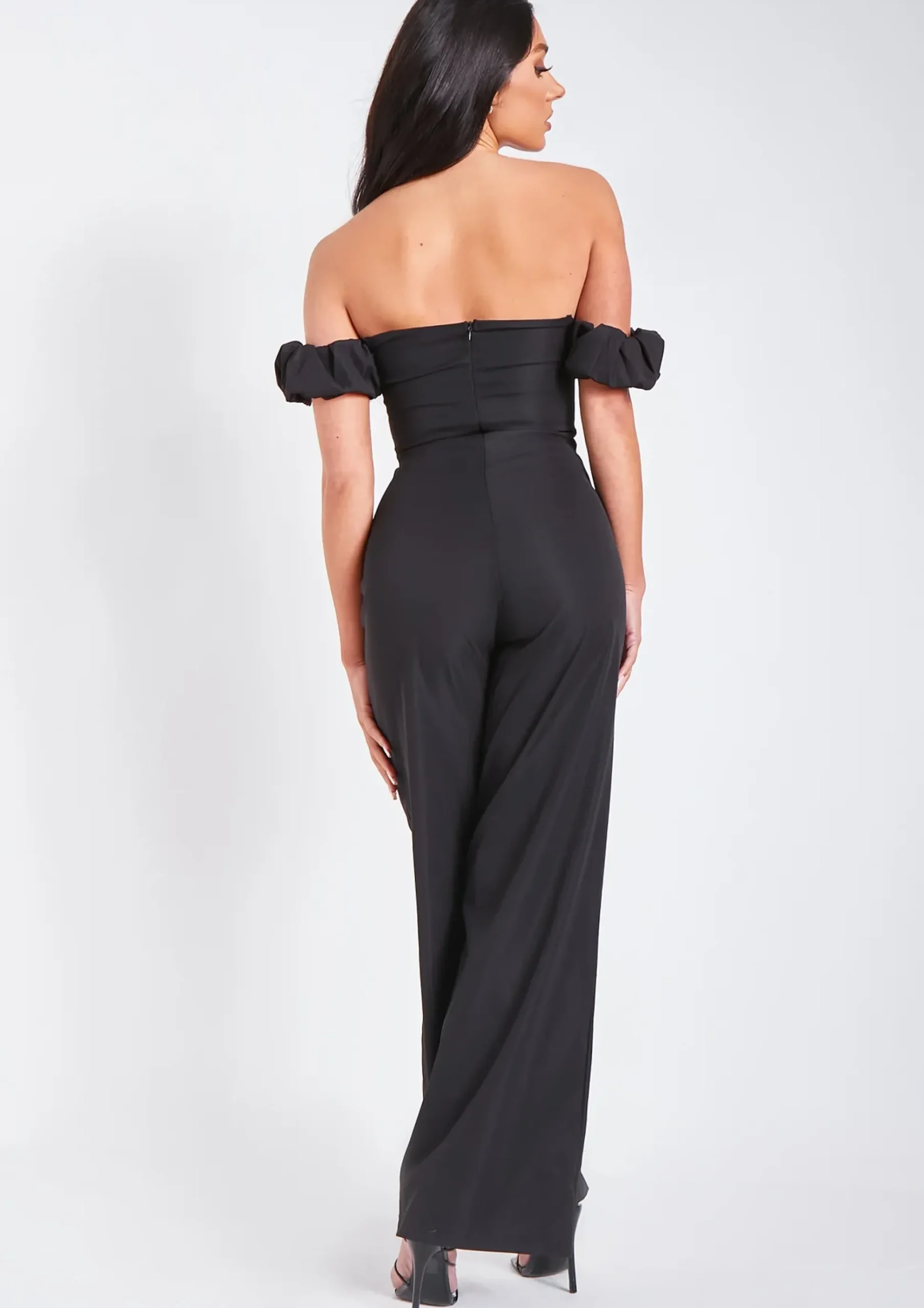 Flash Sale Rosalyn Black Bardot Ruffle Wide Leg Tailored Jumpsuit Women Jumpsuits & Playsuits