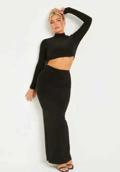Roxanne Black Double Layer Slinky V Waist Ruched Maxi Skirt^Missy Empire Store