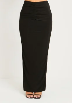 Roxanne Black Double Layer Slinky V Waist Ruched Maxi Skirt^Missy Empire Store