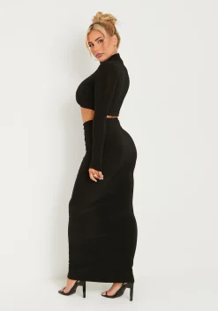 Roxanne Black Double Layer Slinky V Waist Ruched Maxi Skirt^Missy Empire Store