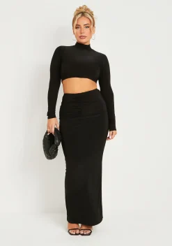 Roxanne Black Double Layer Slinky V Waist Ruched Maxi Skirt^Missy Empire Store