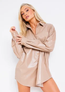 Roxanne Taupe Faux Leather Pocket Shirt^Missy Empire Shop