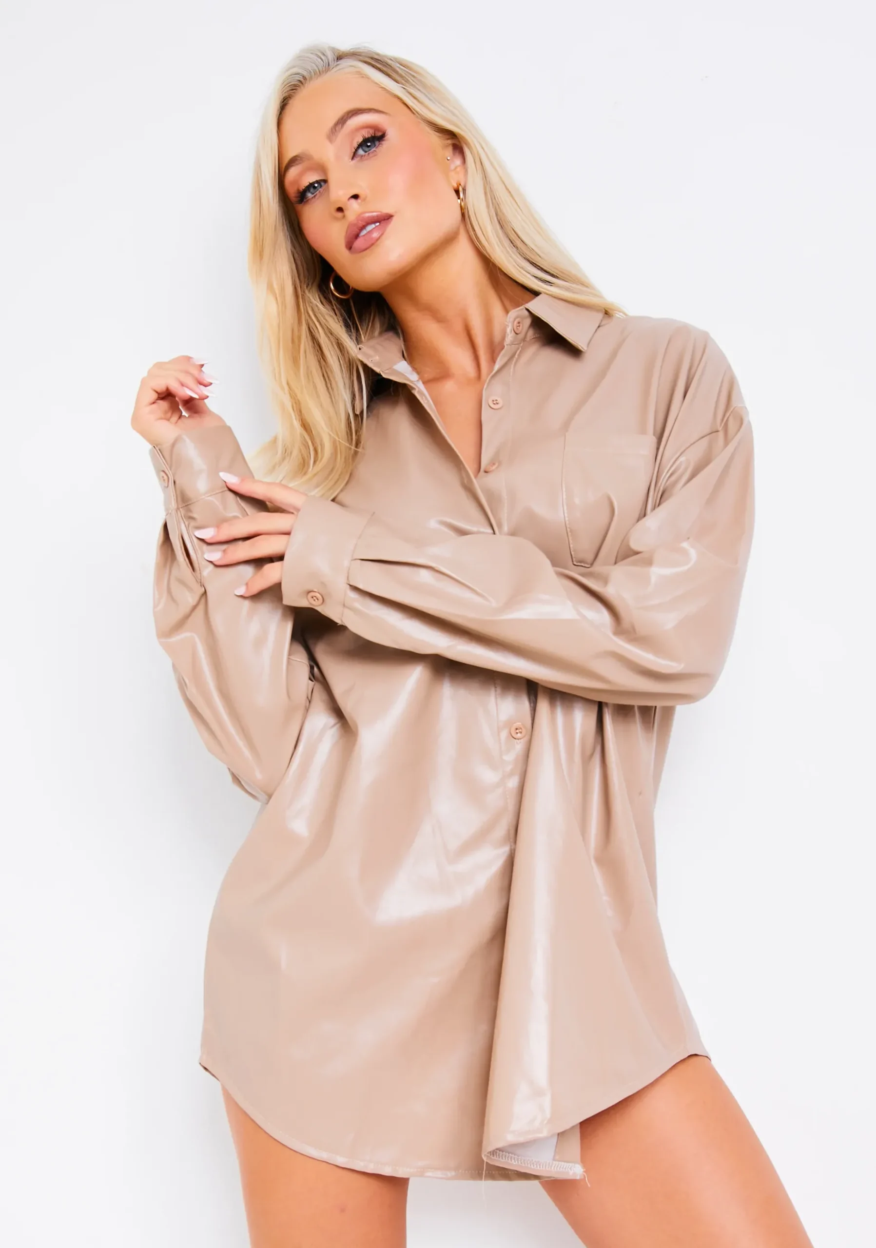 Roxanne Taupe Faux Leather Pocket Shirt^Missy Empire Shop