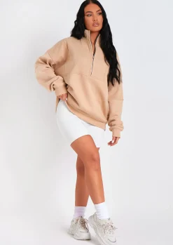 Roxy Beige Premium Ribbed Panelled Half Zip Sweatshirt^Missy Empire Hot