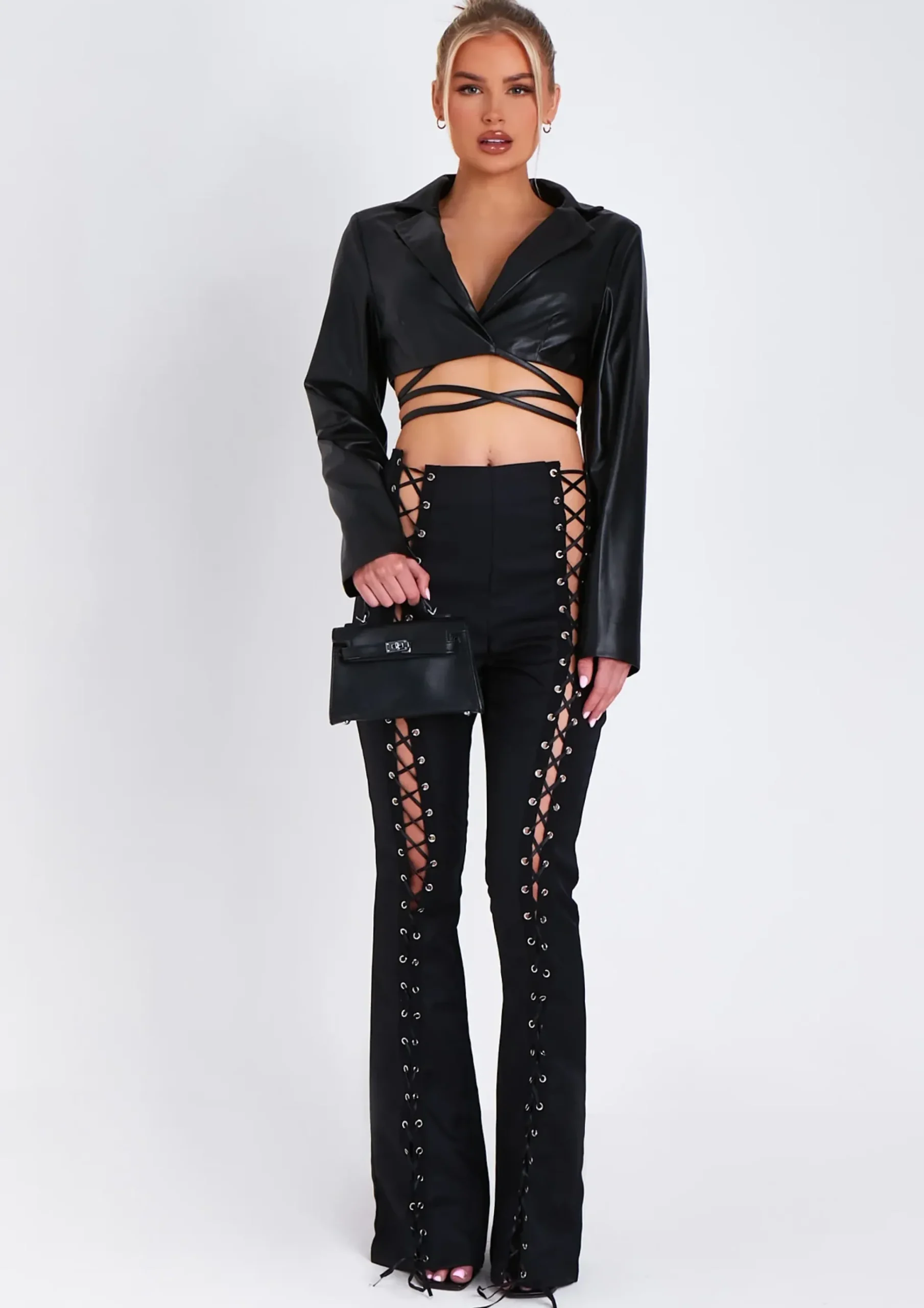 Cheap Ruby Black Lace Up High Waisted Trousers Women Trousers