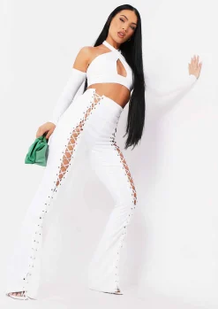 Sale Ruby Ivory Lace Up High Waisted Trousers Women Trousers