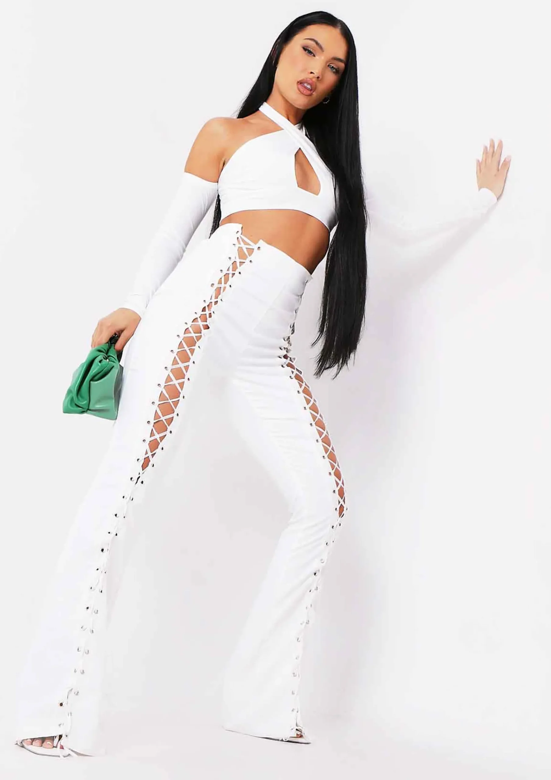 Sale Ruby Ivory Lace Up High Waisted Trousers Women Trousers