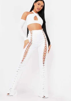 Sale Ruby Ivory Lace Up High Waisted Trousers Women Trousers