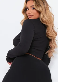 Sade Black Soft Rib Zip Up Long Sleeve Crop Top^Missy Empire Sale