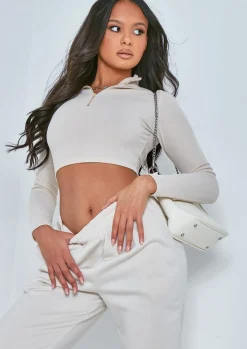 Sade Stone Soft Rib Zip Up Long Sleeve Crop Top^Missy Empire Cheap