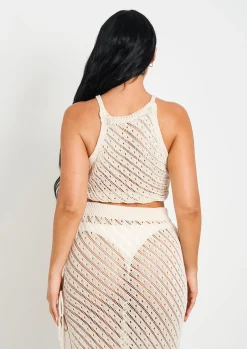 Saffiyah Beige Crochet Knit Beach Crop Top And Midi Skirt Set^Missy Empire Clearance