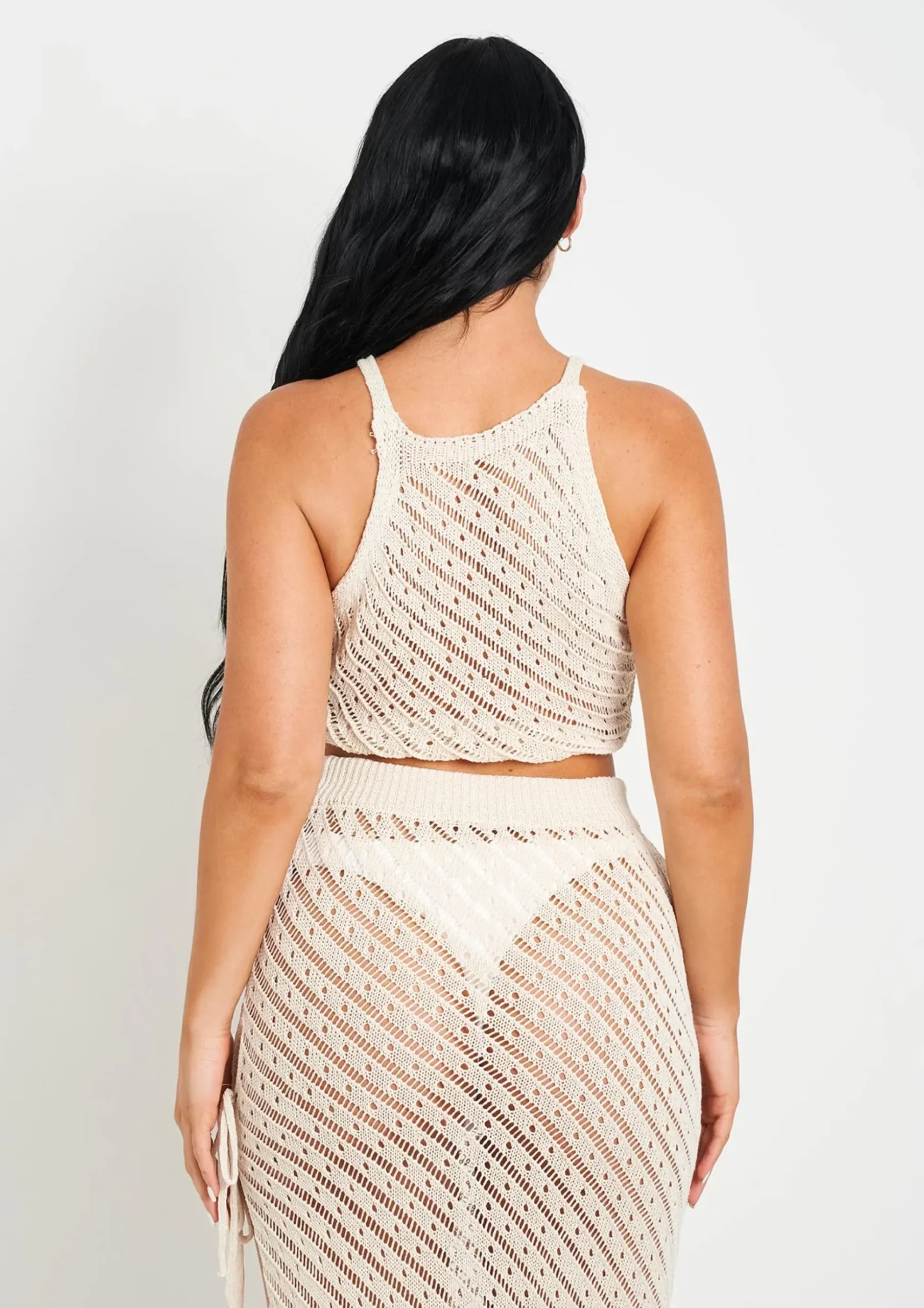 Saffiyah Beige Crochet Knit Beach Crop Top And Midi Skirt Set^Missy Empire Clearance