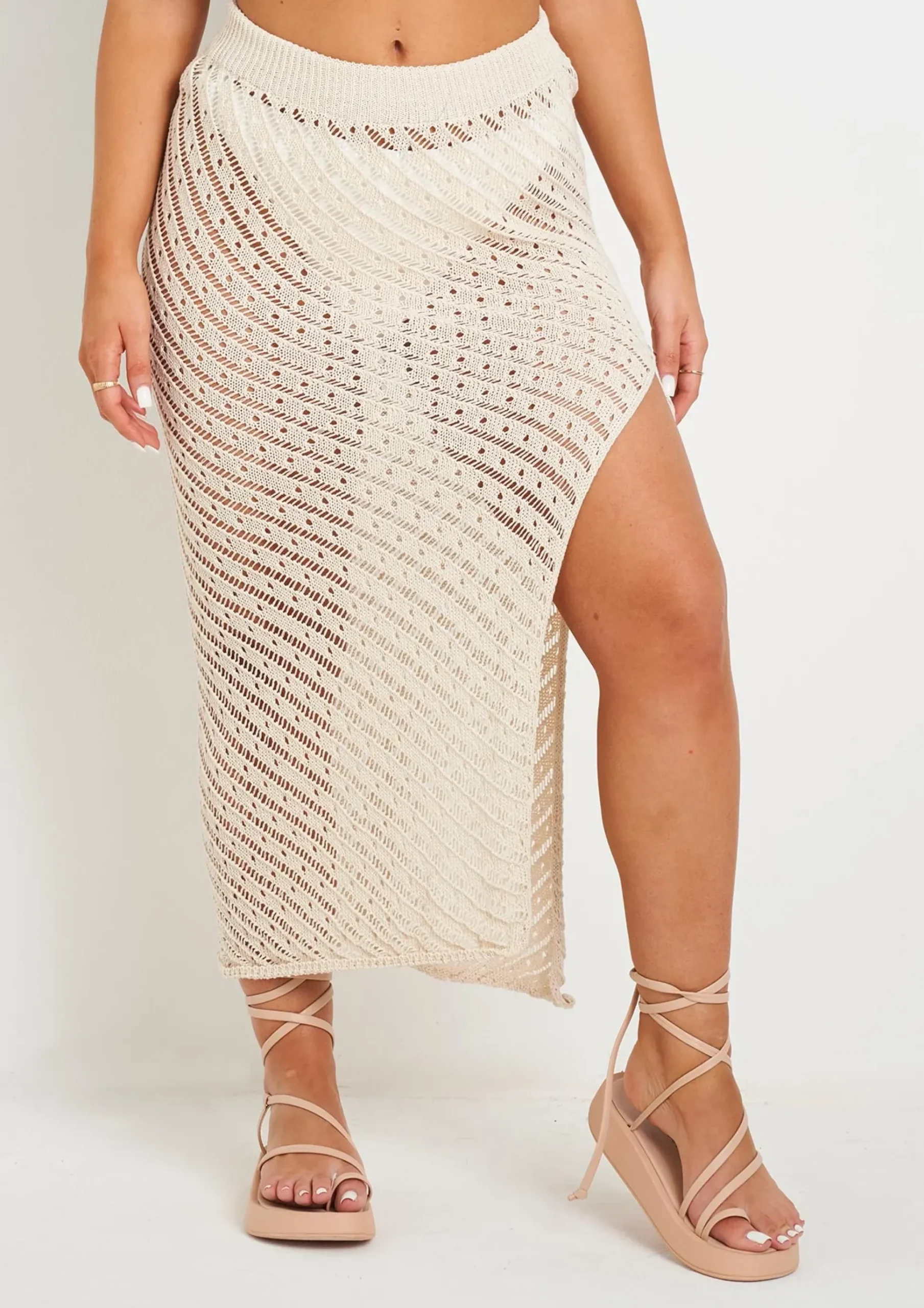 Saffiyah Beige Crochet Knit Beach Crop Top And Midi Skirt Set^Missy Empire Clearance