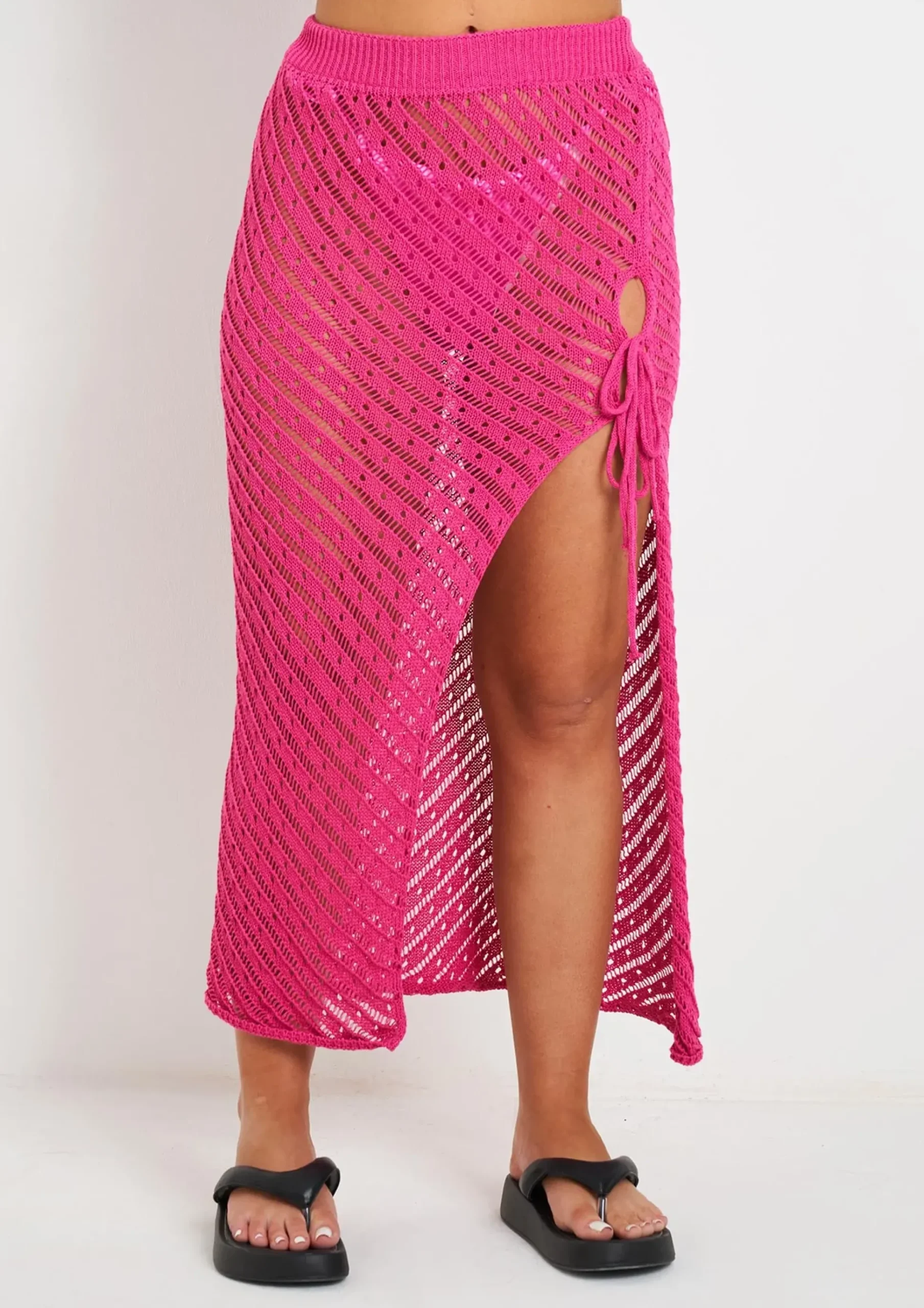 Saffiyah Pink Crochet Knit Beach Crop Top And Midi Skirt Set^Missy Empire Hot