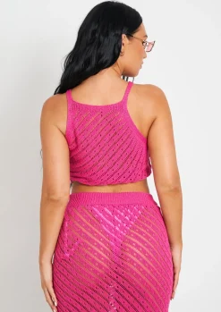 Saffiyah Pink Crochet Knit Beach Crop Top And Midi Skirt Set^Missy Empire Hot