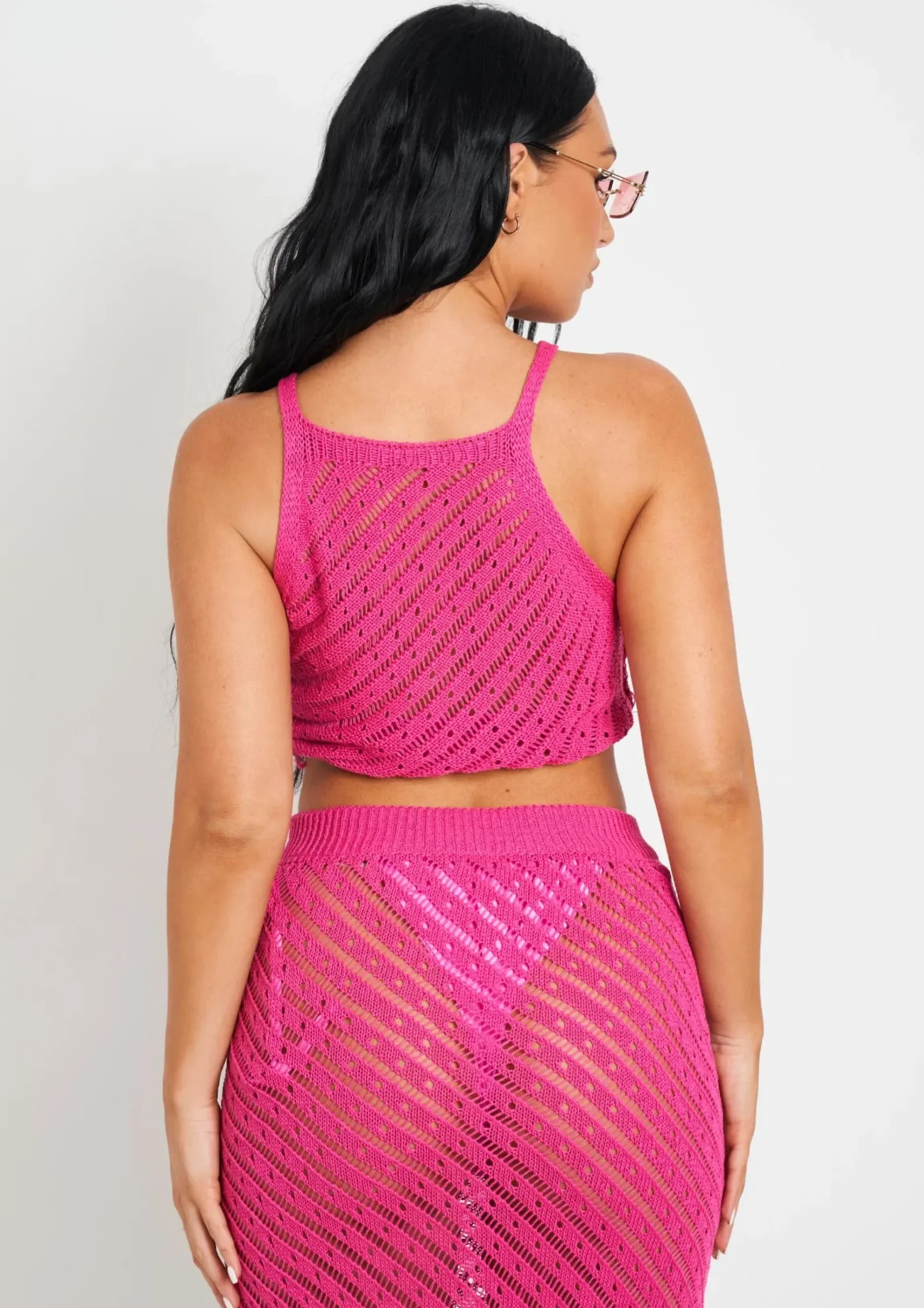 Saffiyah Pink Crochet Knit Beach Crop Top And Midi Skirt Set^Missy Empire Hot