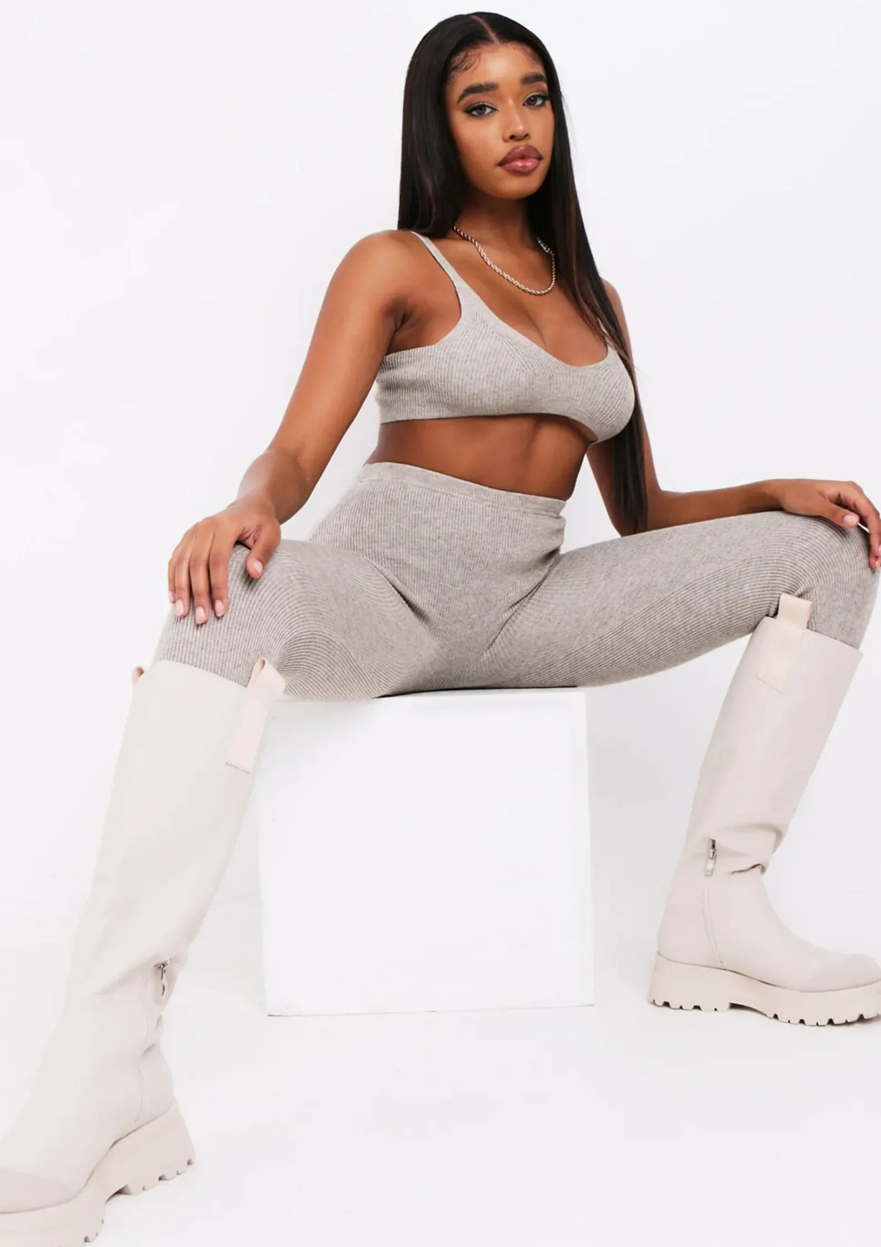 Saffron Oat Knitted Rib Plunge Bralet^Missy Empire Cheap