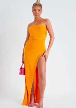 New Saffy Orange Asymmetric Strap Maxi Dress With Split Women Dresses