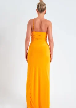 New Saffy Orange Asymmetric Strap Maxi Dress With Split Women Dresses