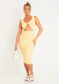 Fashion Safiyah Lemon Twist Cut Out Knitted Midi Dress Women Dresses