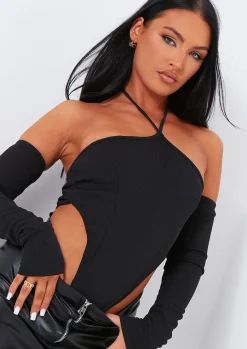 Salma Black Halter Strap Sleeve Detail Bodysuit^Missy Empire Discount