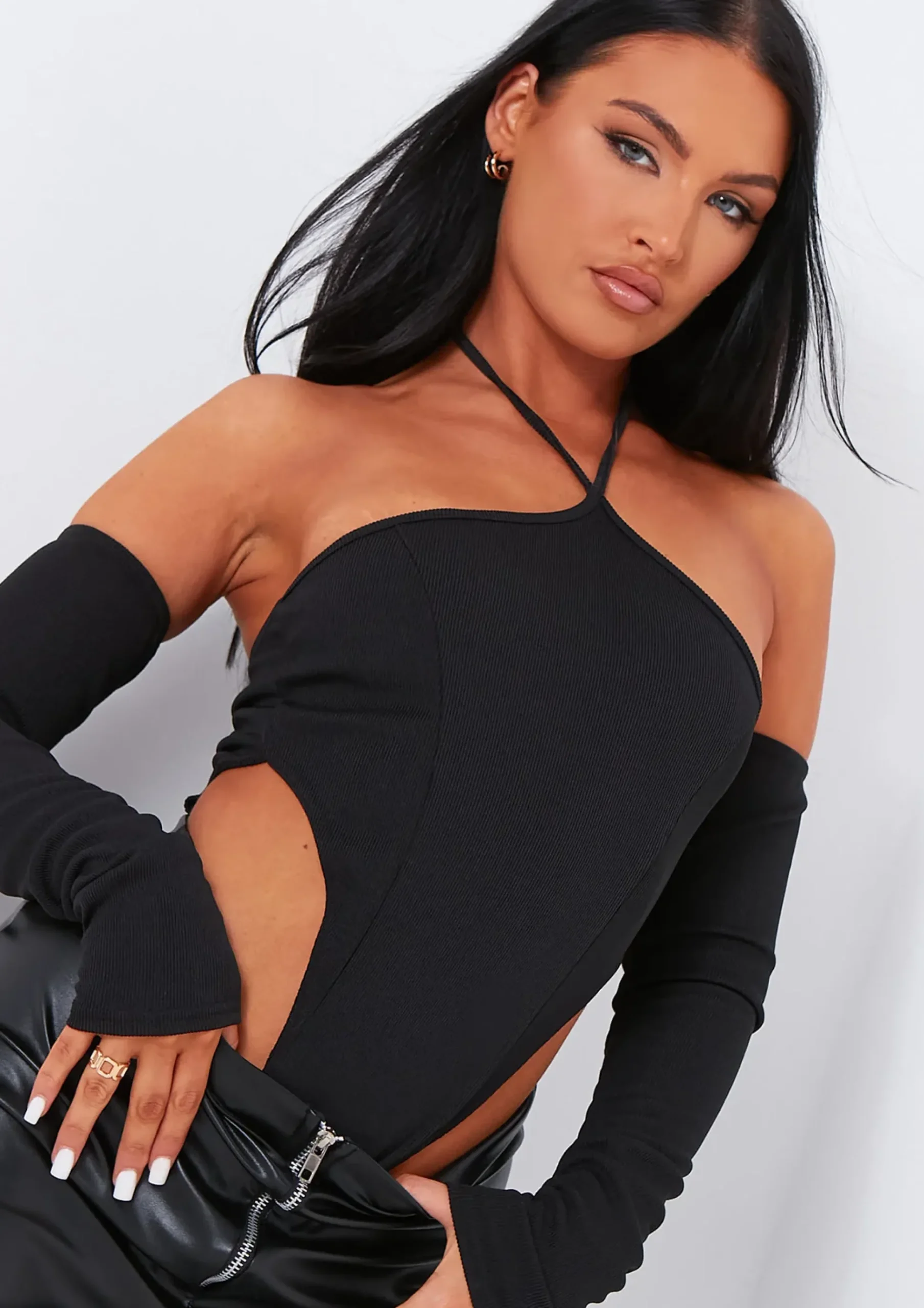 Salma Black Halter Strap Sleeve Detail Bodysuit^Missy Empire Discount