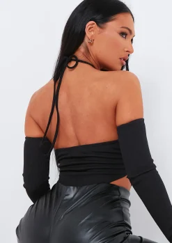 Salma Black Halter Strap Sleeve Detail Bodysuit^Missy Empire Discount