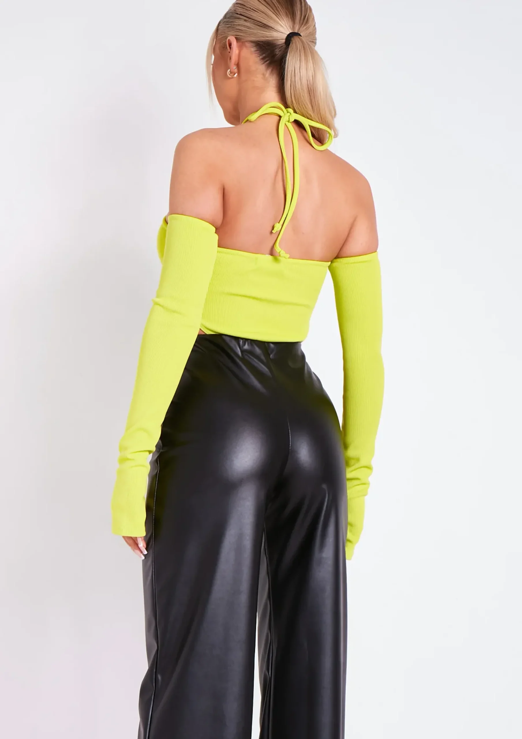 Salma Lime Halter Strap Sleeve Detail Bodysuit^Missy Empire Sale
