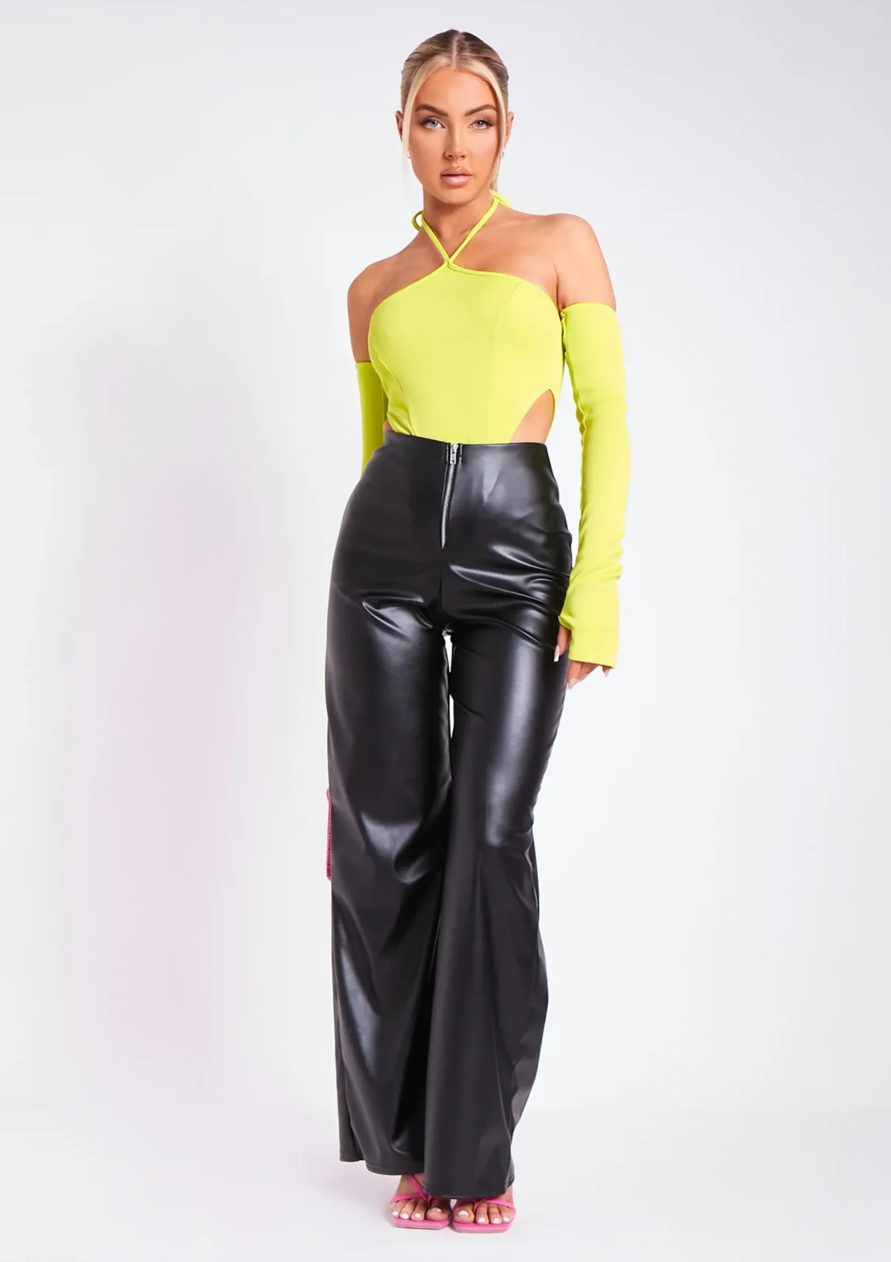 Salma Lime Halter Strap Sleeve Detail Bodysuit^Missy Empire Sale