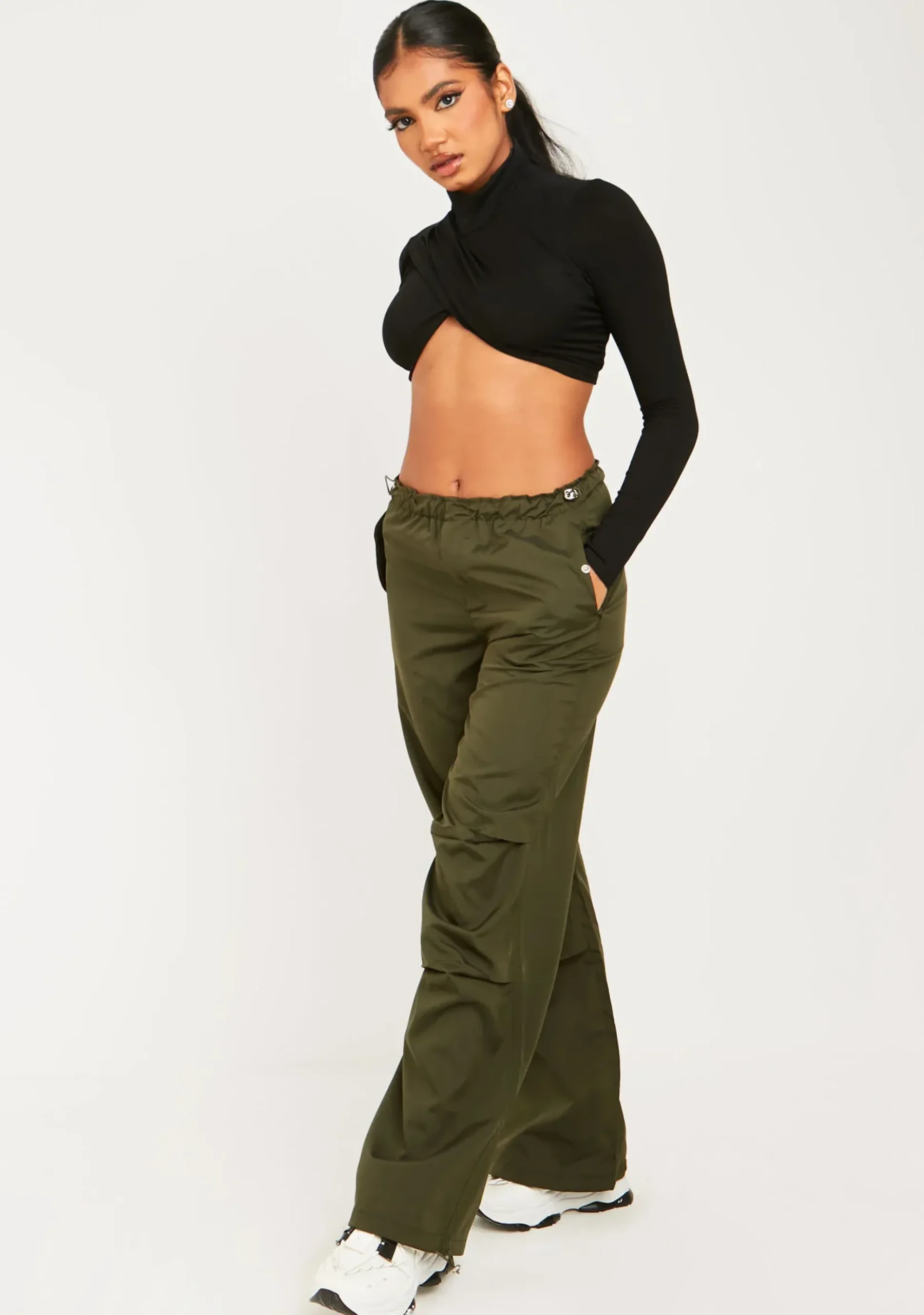 Best Sale Samantha Khaki Toggle Low Waist Parachute Cargo Pants Women Trousers