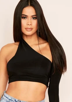 Sam Black One Shoulder Long Sleeve Crop Top^Missy Empire Flash Sale