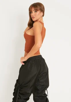 Samia Rust Rib Button Front Asymmetric Crop Top^Missy Empire Store