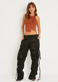 Samia Rust Rib Button Front Asymmetric Crop Top^Missy Empire Store