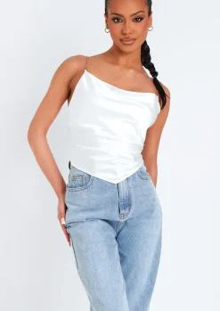 Samiyah White Chain Strap Tie Back Cowl Satin Top^Missy Empire Outlet