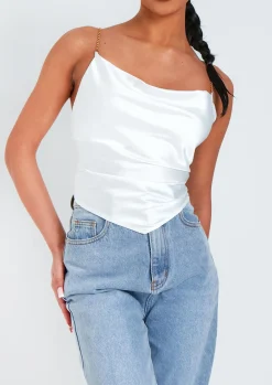Samiyah White Chain Strap Tie Back Cowl Satin Top^Missy Empire Outlet