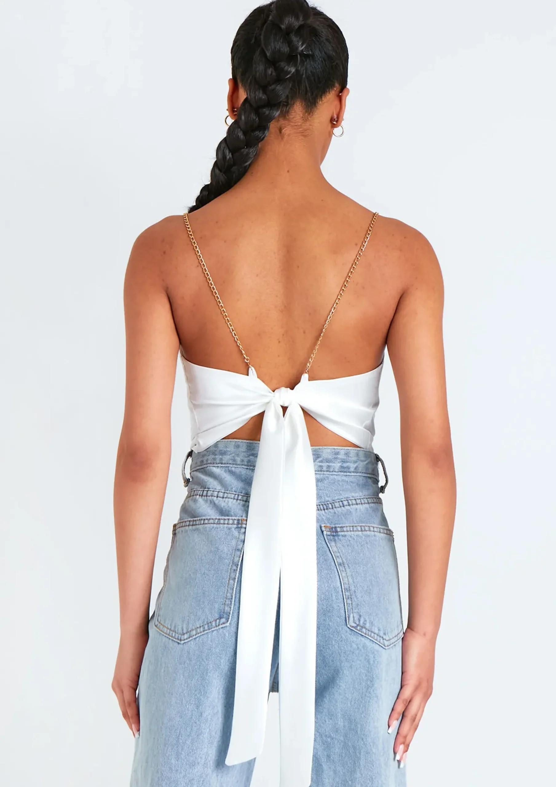 Samiyah White Chain Strap Tie Back Cowl Satin Top^Missy Empire Outlet