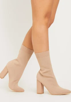 Store Sandra Beige Chunky Heel Sock Boots Women Boots