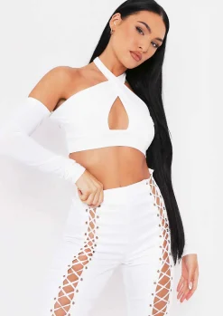 Saoirse Ivory Cross Halterneck Top With Sleeves^Missy Empire Discount