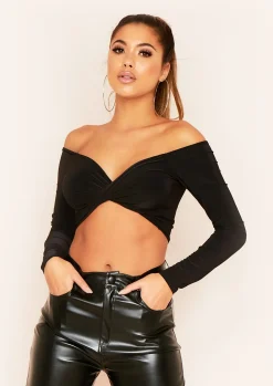 Sara Black Slinky Long Sleeve Twist Front Crop Top^Missy Empire Cheap