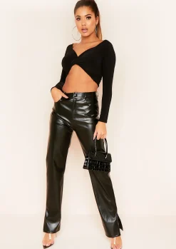 Sara Black Slinky Long Sleeve Twist Front Crop Top^Missy Empire Cheap