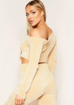 Discount Sarah Beige Chenille Off Shoulder Cropped Jumper Women Loungewear