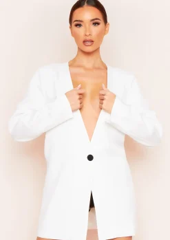 Sasha White Plunge Collarless Longline Oversized Blazer^Missy Empire Cheap