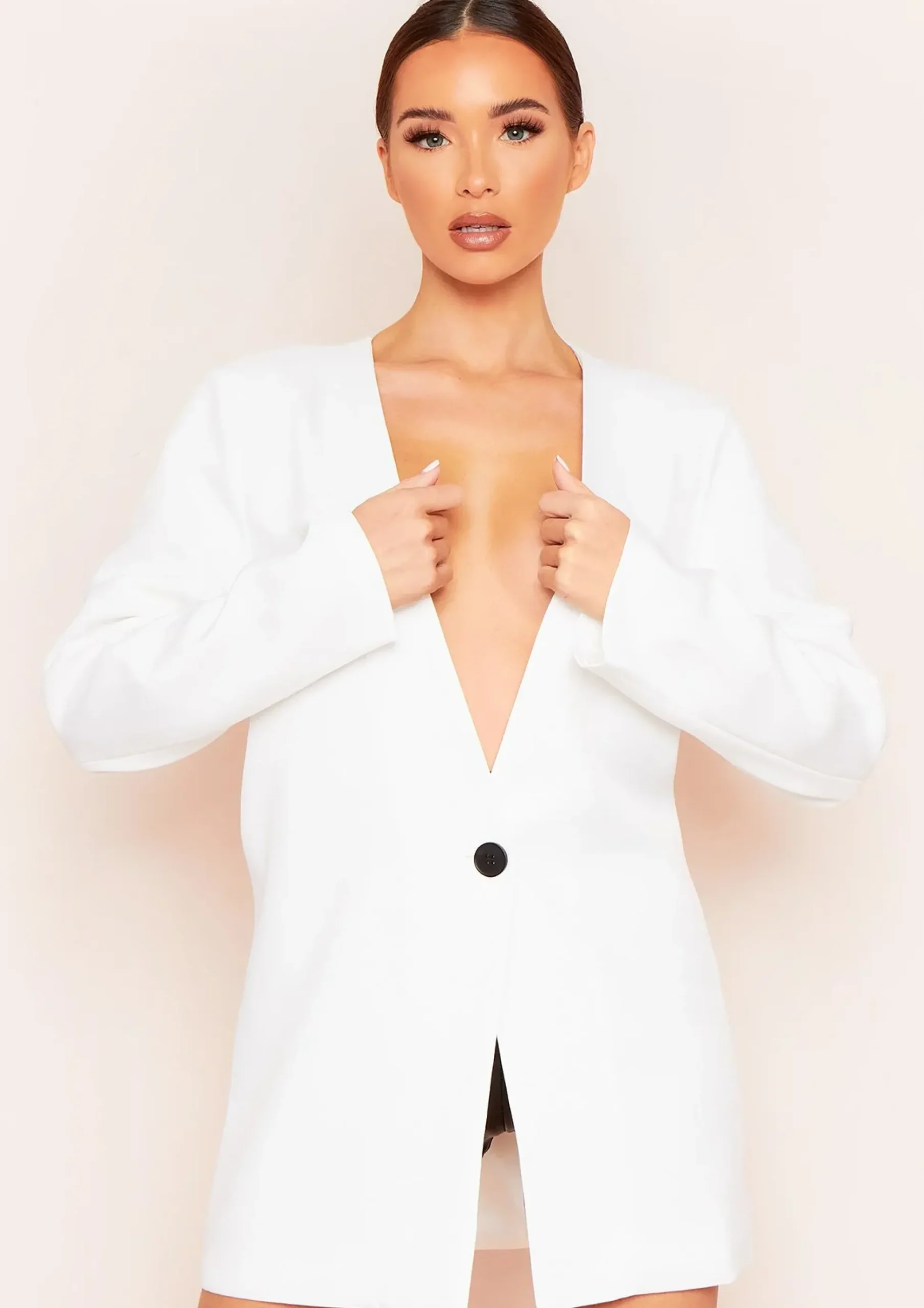 Sasha White Plunge Collarless Longline Oversized Blazer^Missy Empire Cheap