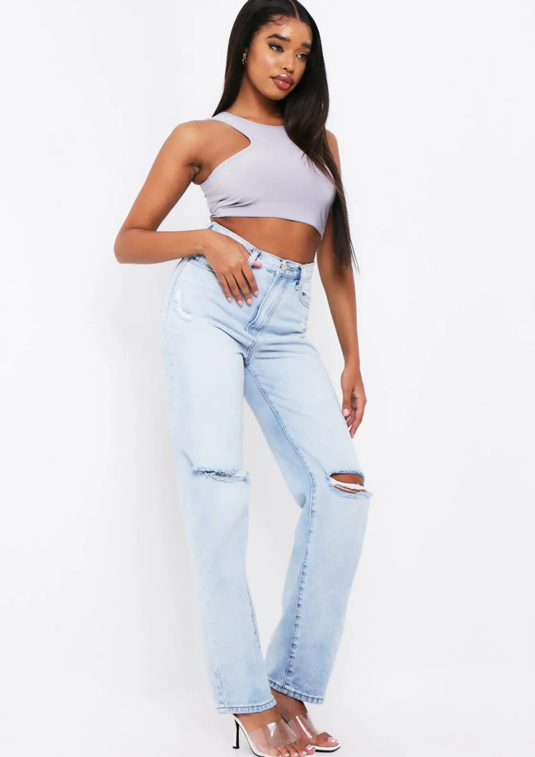 Seera Denim Light Wash Knee Slit Jeans^Missy Empire Sale