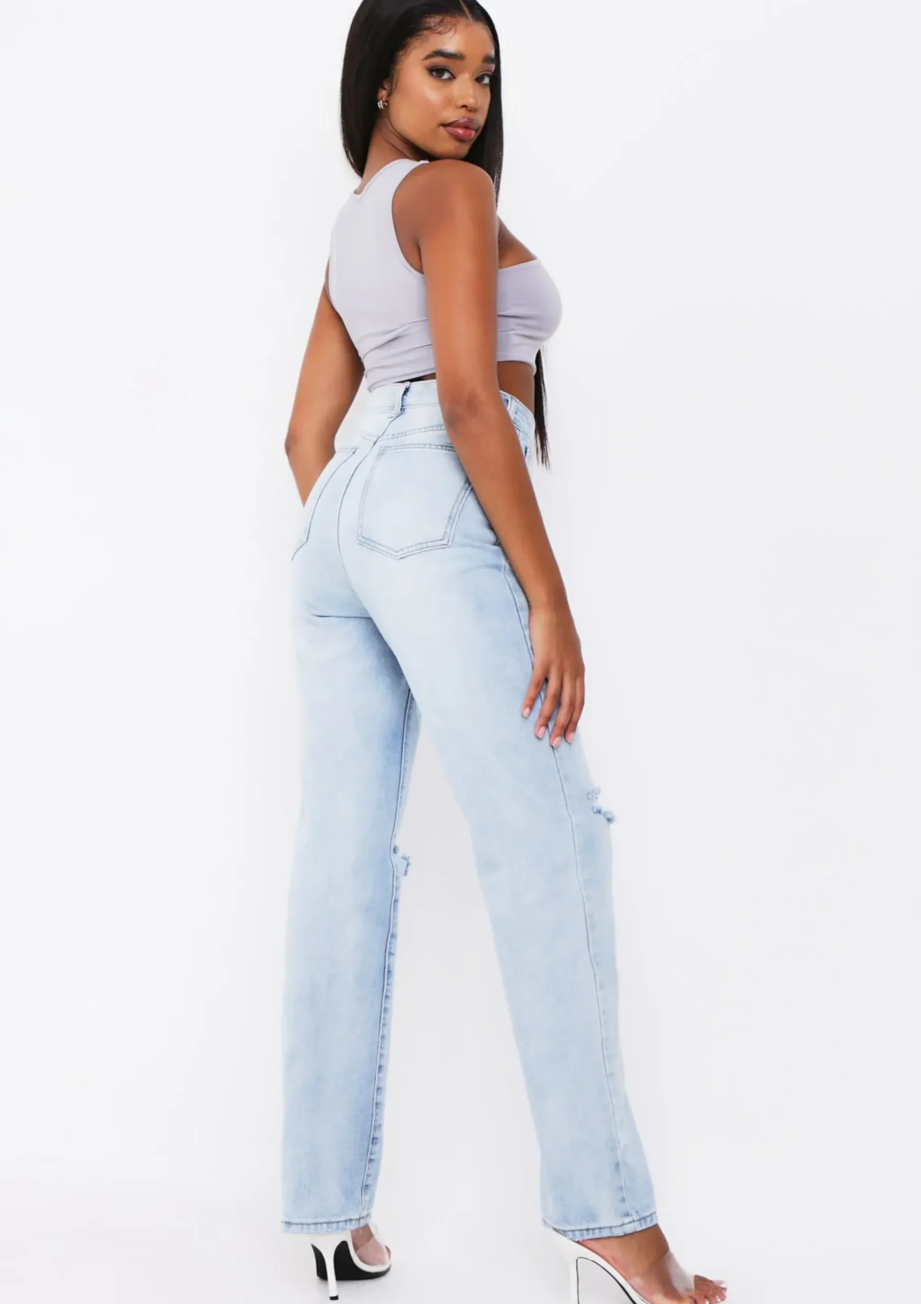 Seera Denim Light Wash Knee Slit Jeans^Missy Empire Sale