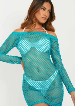 Flash Sale Serenity Blue Mesh Mini Long Sleeve Beach Dress Women Dresses